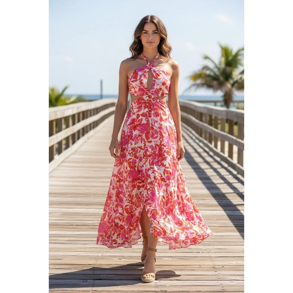 Tropical Floral Halter Maxi‎ Dress Cutout Waist Pink Red Orange Resort W26 S